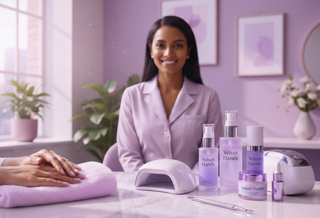 Beauty professional welcomes clients to Velvet Hands, showcasing safe, smart, and compassionate beauty care products