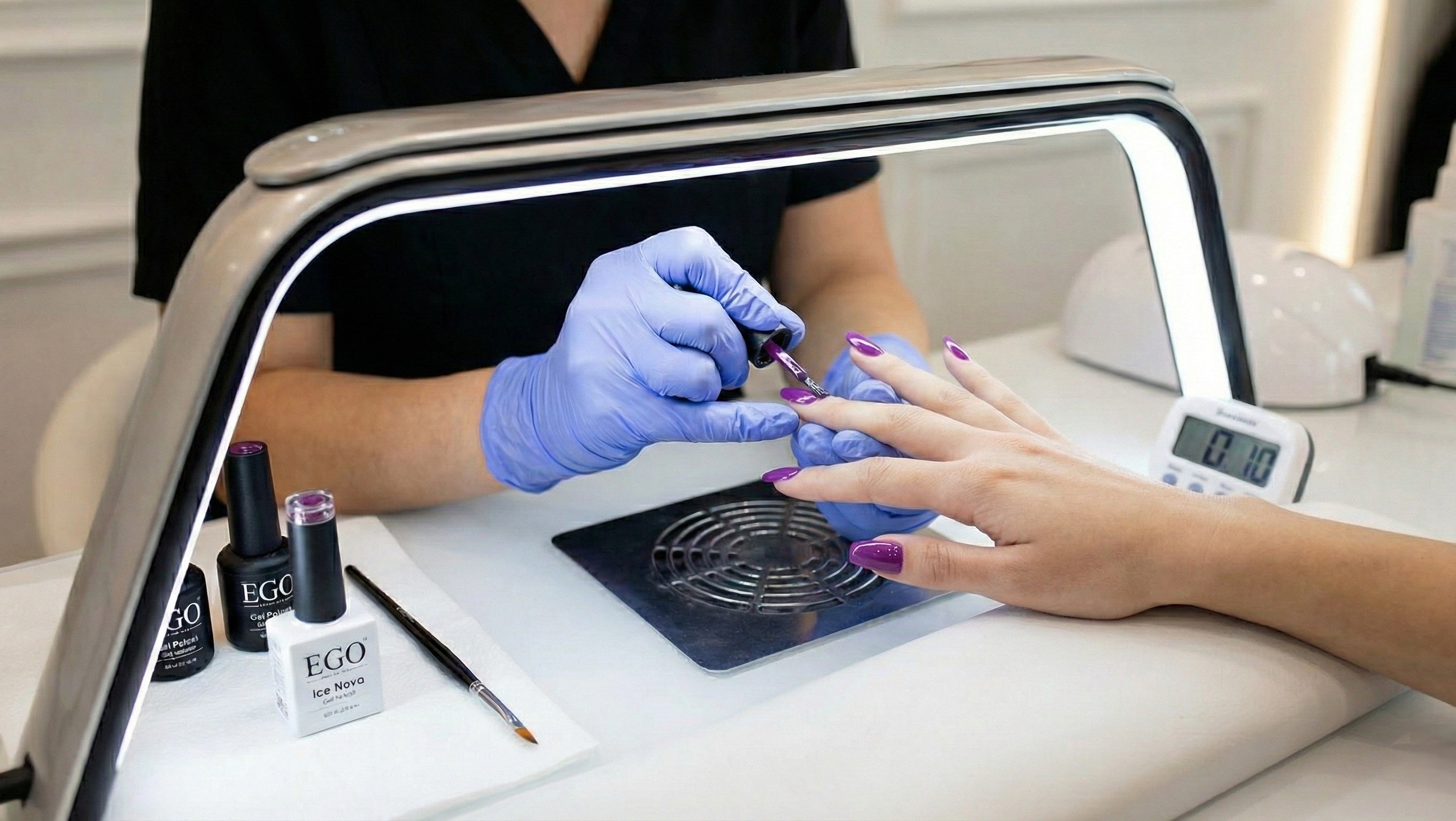 Professional manicure using fast-cure gel polish for long-lasting, glossy nails and quick salon results