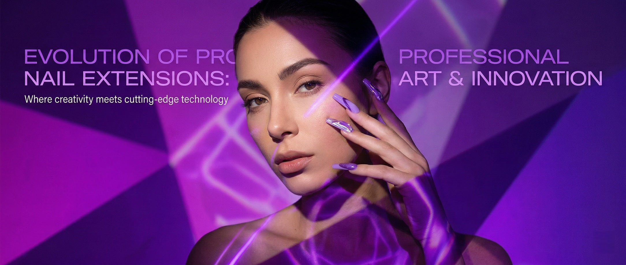 Detailed close-up photograph of long, glossy stiletto nail extensions featuring an intricate, swirling marbelized pattern in shades of purple, violet, and soft lavender, set against a blurred purple background.
